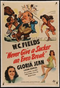 5p0242 NEVER GIVE A SUCKER AN EVEN BREAK linen 1sh 1941 Widhoff art of W.C. Fields, sexy Gloria Jean!