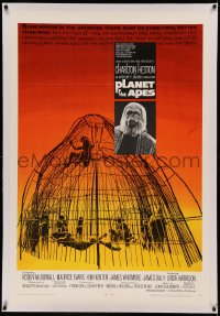 5p0256 PLANET OF THE APES linen 1sh 1968 Charlton Heston, classic sci-fi, cool art of caged humans!