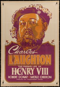 5p0261 PRIVATE LIFE OF HENRY VIII linen alternate company 1sh 1933 different art of Laughton, rare!