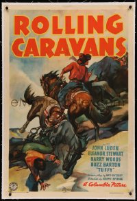 5p0270 ROLLING CARAVANS linen 1sh 1938 art of cowboy John Jack Luden riding horse in gunfight, rare!