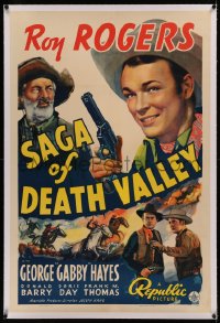 5p0272 SAGA OF DEATH VALLEY linen 1sh 1940 art of cowboy Roy Rogers pointing gun & Gabby Hayes!