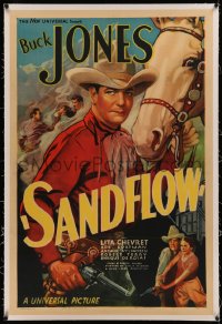 5p0274 SANDFLOW linen 1sh 1937 cool artwork of cowboy Buck Jones with smoking gun by his horse, rare!