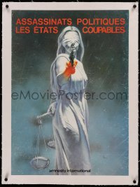 5p0102 AMNESTY INTERNATIONAL linen 20x28 French special poster 1983 Cuadrado art of Justice with gun!