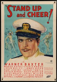 5p0281 STAND UP & CHEER linen 1sh 1934 Fox stone litho of Warner Baxter in uniform, ultra rare!