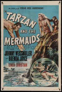 5p0290 TARZAN & THE MERMAIDS linen 1sh 1948 art of Johnny Weissmuller diving & battling octopus!