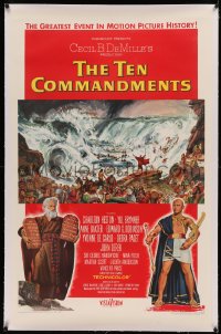 5p0291 TEN COMMANDMENTS linen 1sh 1956 DeMille classic, art of Charlton Heston, Yul Brynner & flood!
