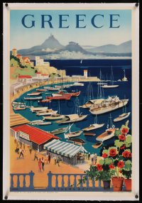 5p0078 GREECE linen 22x33 Greek travel poster 1955 Vakirtzis art of boats in Athens Bay, rare!