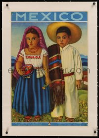 5p0082 MEXICO linen 18x28 Mexican travel poster 1950s great C. Uruela art of Mexican children, rare!