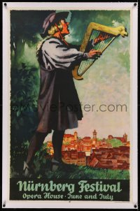 5p0089 NURNBERG FESTIVAL linen 25x40 German travel poster 1935 Wiertz art of man playing harp, rare!