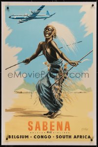 5p0084 SABENA BELGIUM CONGO SOUTH AFRICA linen 26x39 Belgian travel poster 1950s Pub art of native!