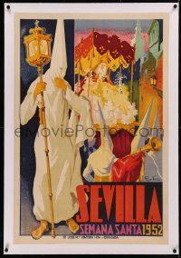 5p0085 SEVILLA SEMANA SANTA linen 25x37 Spanish travel poster 1952 Ruiz Vela festival art, rare!