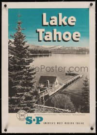 5p0075 SOUTHERN PACIFIC LAKE TAHOE linen 16x23 travel poster 1950s great view of the Sierra Nevadas!