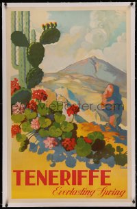 5p0086 TENERIFFE linen 25x39 Spanish travel poster 1940s J. Davo art of cactus, Everlasting Spring!
