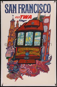 5p0074 TWA SAN FRANCISCO linen 25x40 travel poster 1960s fantastic art of cable car & city by David Klein!