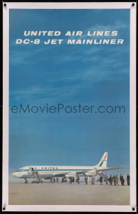5p0072 UNITED AIRLINES linen 25x40 travel poster 1960s people boarding DC-8 Jet Mainliner, rare!