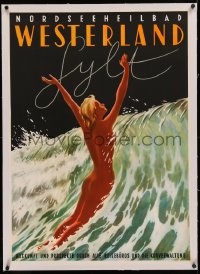 5p0090 WESTERLAND linen 24x33 German travel poster 1955 Hentzschel art of nude woman in the surf!