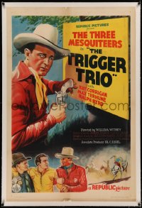 5p0298 TRIGGER TRIO linen 1sh 1937 Crash Corrigan, Max Terhune & Ralph Byrd, Three Mesquiteers, rare!