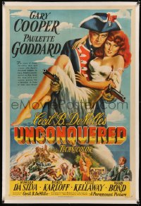5p0299 UNCONQUERED linen 1sh 1947 cool art of Gary Cooper holding sexy Paulette Goddard & two guns!