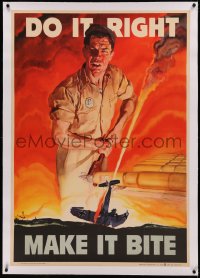 5p0064 DO IT RIGHT MAKE IT BITE linen 28x41 WWII war poster 1942 Beall art of crashed plane & worker!