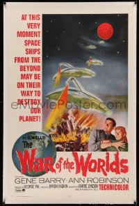 5p0304 WAR OF THE WORLDS linen 1sh R1965 H.G. Wells & George Pal, great different warship art!