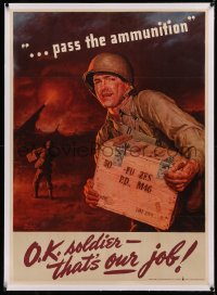 5p0065 PASS THE AMMUNITION linen 29x40 WWII war poster 1943 Stanley art of soldier w/crate, rare!