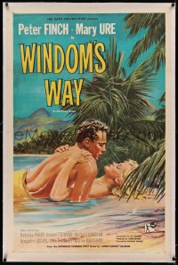 5p0306 WINDOM'S WAY linen 1sh 1958 romantic artwork of Peter Finch & Mary Ure on tropical island!