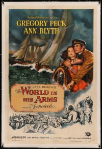 5p0311 WORLD IN HIS ARMS linen 1sh 1952 art of Gregory Peck & Ann Blyth, first Reynold Brown poster!