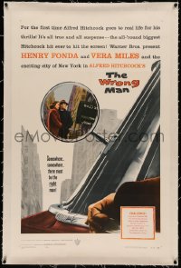 5p0312 WRONG MAN linen 1sh 1957 Henry Fonda, Vera Miles, Alfred Hitchcock, cool rear view mirror art!