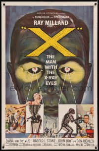 5p0313 X: THE MAN WITH THE X-RAY EYES linen 1sh 1963 Ray Milland strips souls & bodies, cool art!
