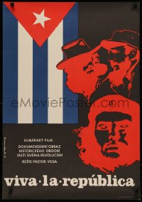 5r0154 VIVA LA REPUBLICA Czech 23x32 1972 Pastor Vega, cool art of Che Guevara, Castro, Cuban flag!