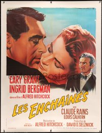5r0010 NOTORIOUS linen French 1p R1970s Roger Soubie art of Cary Grant & Ingrid Bergman, Hitchcock classic!