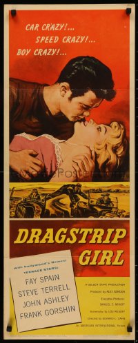 5r0108 DRAGSTRIP GIRL insert 1957 Fay Spain, teens that are car crazy, speed crazy & boy crazy!