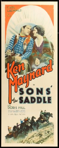 5r0085 SONS OF THE SADDLE insert 1930 great c/u of Ken Maynard & Doris Hill on covered wagon, rare!