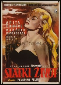 5r0141 LA DOLCE VITA Yugoslavian 19x27 1960 Federico Fellini, incredible art of sexy Anita Ekberg!