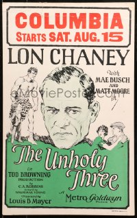 5s0049 UNHOLY THREE WC 1925 Tod Browning, art of Lon Chaney Sr., Mae Busch & Matt Moore, very rare!
