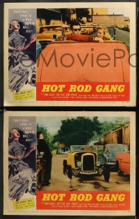 5t0534 HOT ROD GANG 4 LCs 1958 fast cars, crazy kids, border art of teens in dragsters & dancing girl!