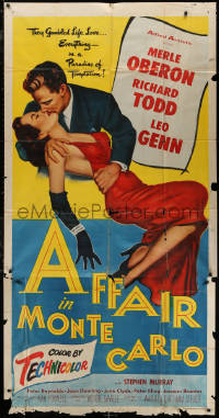 5w0032 AFFAIR IN MONTE CARLO 3sh 1953 full-length sexy Merle Oberon embraced by Richard Todd!