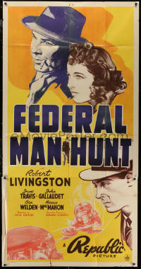 5w0059 FEDERAL MAN-HUNT 3sh 1939 different art of FBI agent Robert Livingston & June Travis, rare!