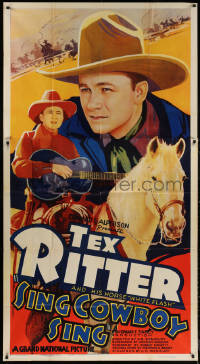 5w0113 SING COWBOY SING 3sh 1937 huge art of Tex Ritter with guitar & his horse White Flash!