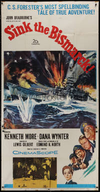 5w0114 SINK THE BISMARCK 3sh 1960 Kenneth More, great WWII clash of battleships art!
