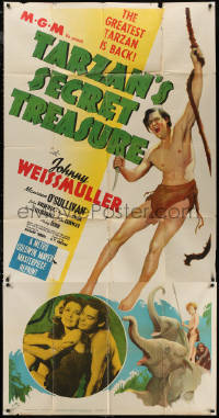5w0132 TARZAN'S SECRET TREASURE 3sh R1948 art of Weissmuller, Maureen O'Sullivan & Sheffield, rare!