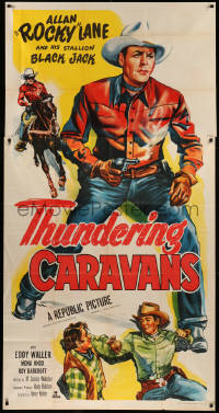 5w0134 THUNDERING CARAVANS 3sh 1952 great artwork of cowboy Rocky Lane w/smoking gun & Black Jack!