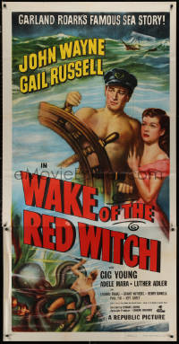 5w0142 WAKE OF THE RED WITCH 3sh R1952 art of barechested John Wayne & Gail Russell at sea!