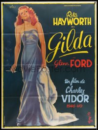 5w1095 GILDA French 1p R1972 art of sexy Rita Hayworth full-length in sheath dress by Boris Grinsson!