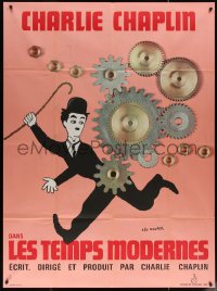 5w1240 MODERN TIMES French 1p R1970s Leo Kouper art of Charlie Chaplin running by giant gears!
