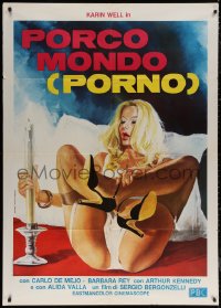 5w0684 DIRTY WORLD Italian 1p 1979 Porco Mondo, Ferrari art of sexy blonde in bed with candle, rare!