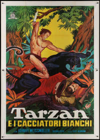5w0842 TARZAN & THE HUNTRESS Italian 2p R1960s different Piovano art of Weissmuller slaying panther!