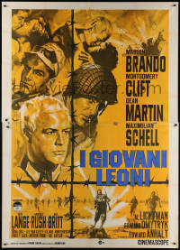5w0286 YOUNG LIONS Italian 2p R1960s Nistri art of Marlon Brando, Dean Martin & Maximilian Schell!