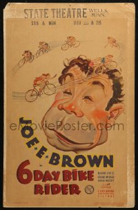 5w0319 6 DAY BIKE RIDER WC 1934 art of Joe E. Brown & ladies on bicycles around his head, rare!