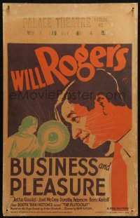 5w0353 BUSINESS & PLEASURE WC 1931 art of Will Rogers & Jetta Goudal, Boris Karloff billed, rare!